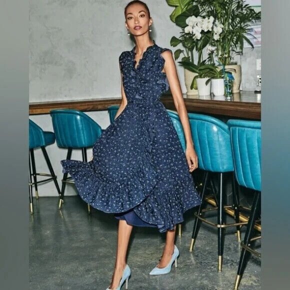 Kate Spade Dress Blue Wild Roses Floral Print V Neck Ruffle Wrap - Picture 1 of 14